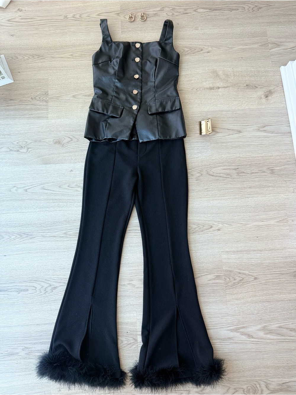 Black Feather-Hem Flared Pants - Women Pants & Jumpsuits, bracelet & earrings